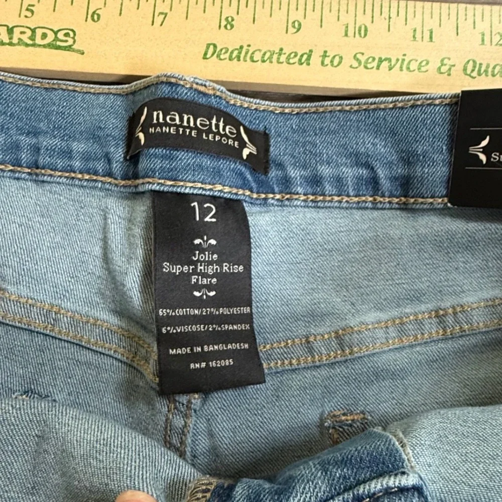 Nanette Lepore Jolie Super High Rise Flare Jeans Medium Blue Raw Hem Size 12 NEW